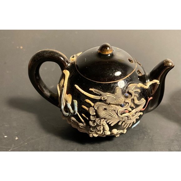 Vintage Dragonware Salt Pepper Teapot Set Moriage Black Japanese Tea Garden - Picture 2 of 7